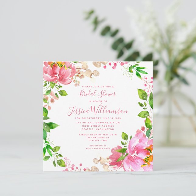 Convites Chá de Noiva com Flores de Aquarela Rosa (Em pé/Frente)
