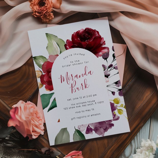 Convites Chá de Noiva com Flores de Rosa Burgundy e Roxo (Criador carregado)