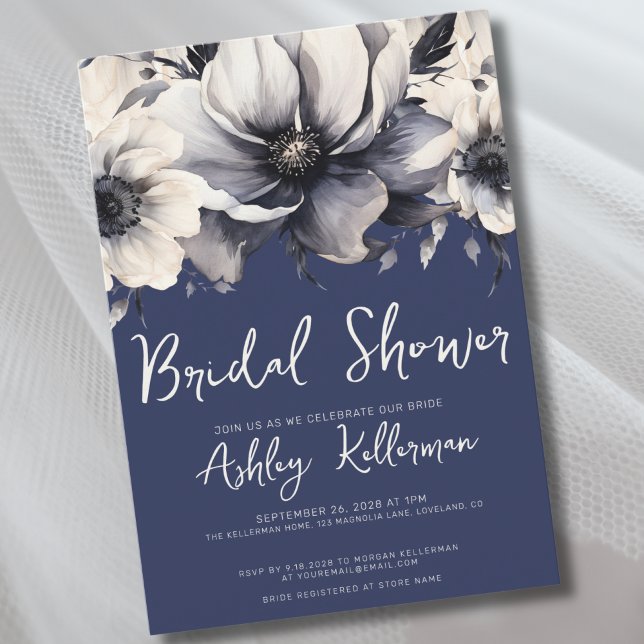 Convites Chá de Noiva com Flores em Azul Marinho (Watercolor Floral Navy Blue Bridal Shower Party Invitation)