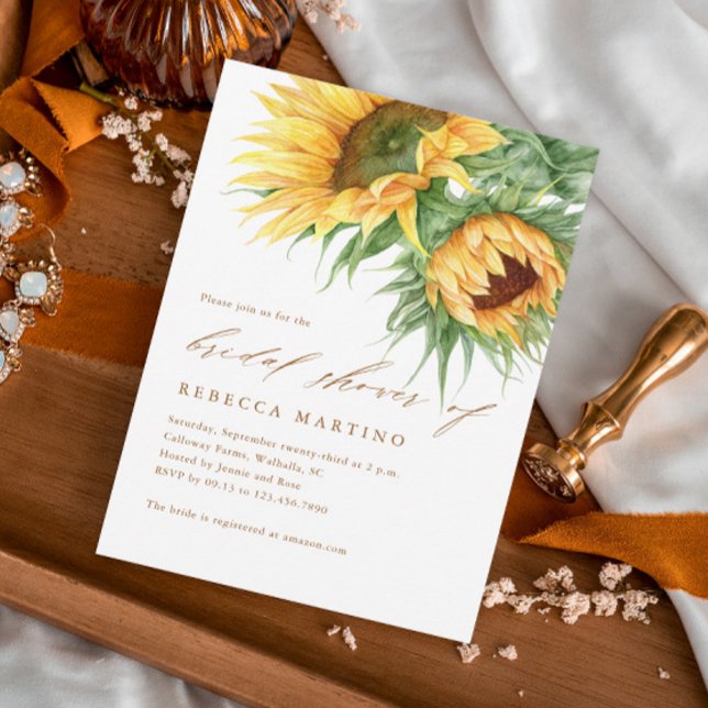 Convites Chá de Noiva com Girassóis Rústicos e Letra em Aqu (Rustic sunflower fall bridal shower invitation with hand-painted florals and script typography.)