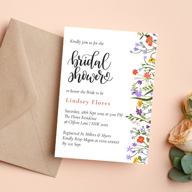 Convites Chá de Noiva com Letra Botânica de Flores de Jardi (Garden flowers botanical script invitation creates a fresh, elegant bridal shower tone)