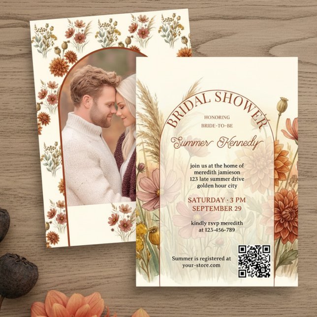 Convites Chá de Noiva Crepúsculo com Campo de Flores Silves (Bridal Shower Invitation with custom photo and late summer wildflower meadow by Darling & May)