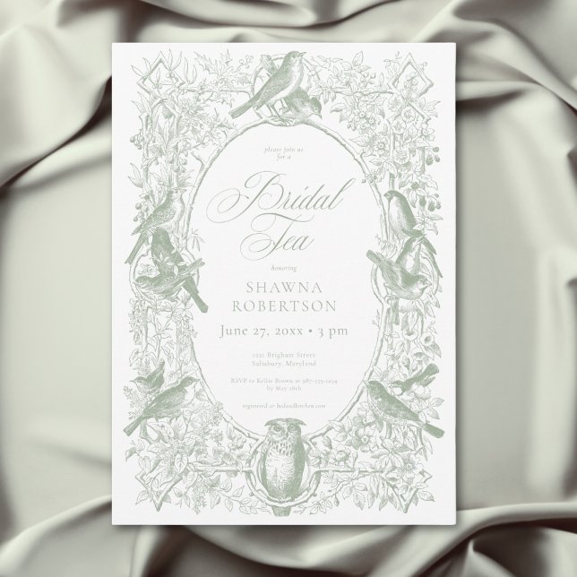 Convites Chá de Noiva das Elegantes Aves Verdes (Elegant Green Chinoiserie Nature Birds Bridal Tea Invitation)