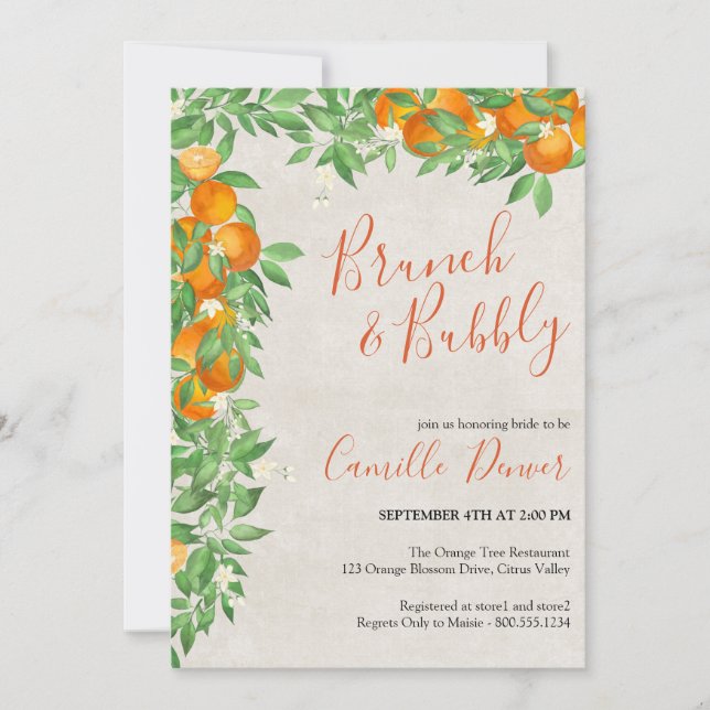 Convites Chá de Noiva de Brunch & Bubbly com Laranja Cítric (Frente)