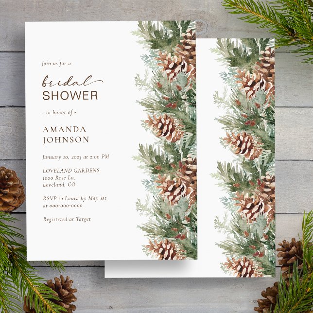 Convites Chá de Noiva de Férias de Inverno (White Pine Evergreen Winter Holiday Bridal Shower Invitation by Painted Paperie
)
