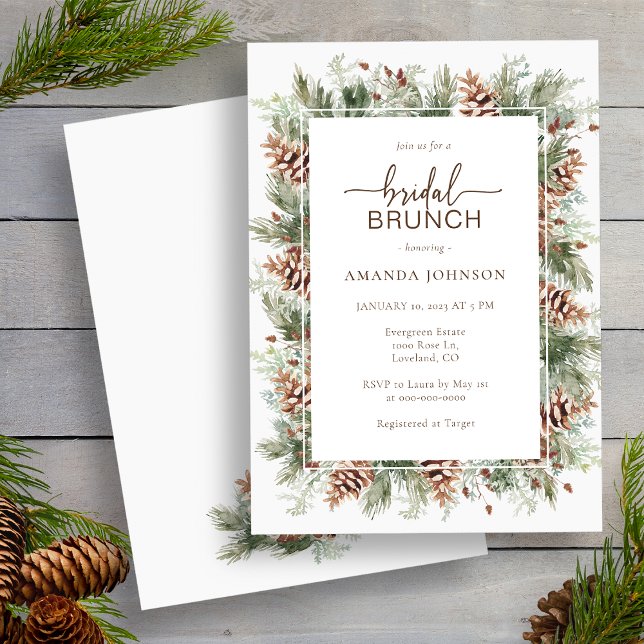 Convites Chá de Noiva de Inverno de Férias (Watercolor Pinecone Greenery Holiday Winter Bridal Brunch Shower Invitation by Painted Paperie
)
