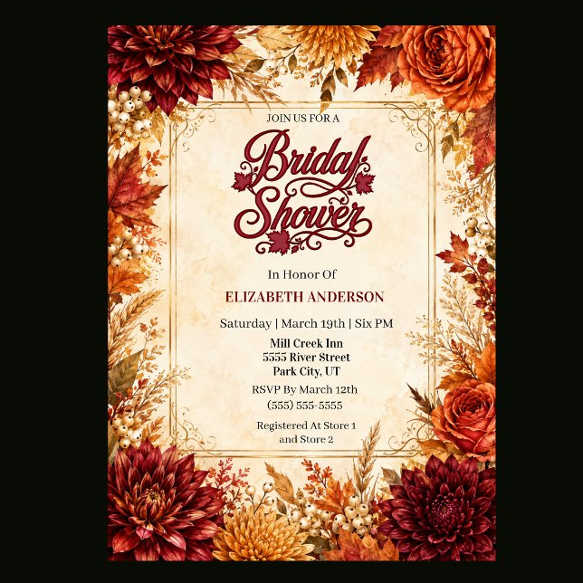 Convites Chá de Noiva de Luxo de Outono (Elegant fall bridal shower invitation with burgundy, burnt orange, rust and gold watercolor flowers,)