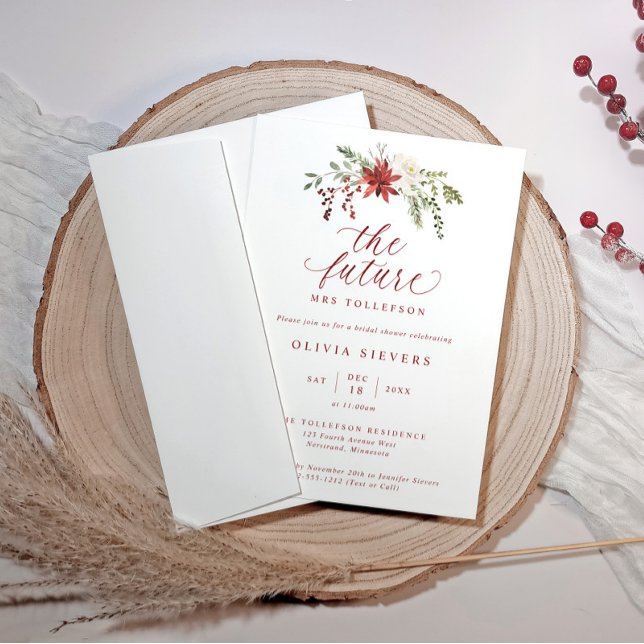 Convites Chá de Noiva de Natal Botânico Elegante (Elegant winter bridal shower design with “The Future Mrs” and watercolor greenery and red berries.)