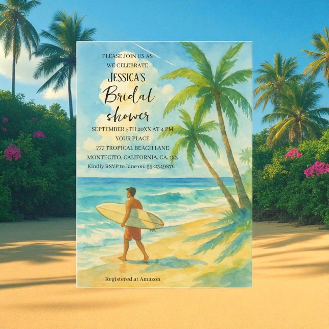 Convites Chá de Noiva de Surf no Coqueiro da Praia Tropical (Criador carregado)