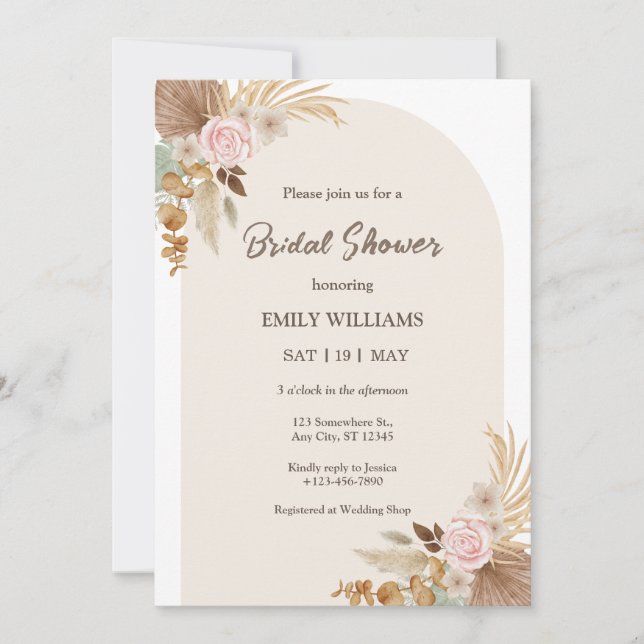 Convites Chá de Noiva Elegante Boêmio Floral com Grama de P (Frente)