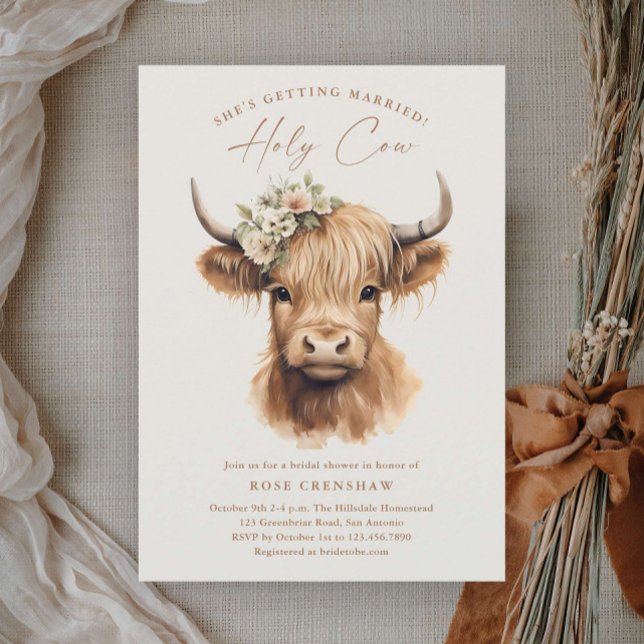 Convites Chá de Noiva Elegante Boho Vaca das Terras Altas (Elegant boho highland cow wedding bridal shower invitations.)