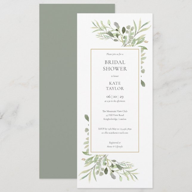Convites Chá de Noiva Elegante com Aguarela Verde (Frente/Verso)