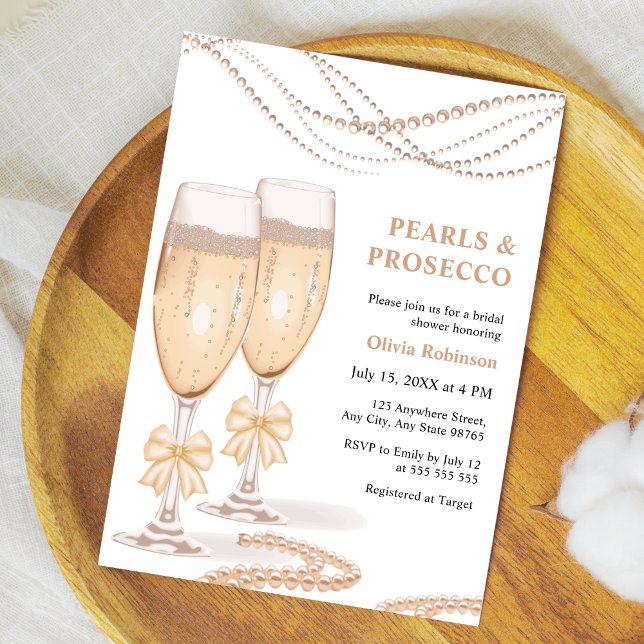Convites Chá de Noiva Elegante com Arco de Ouro e Pérolas e (Elegant Gold Bow Pearls and Prosecco Bridal Shower Invitation    )