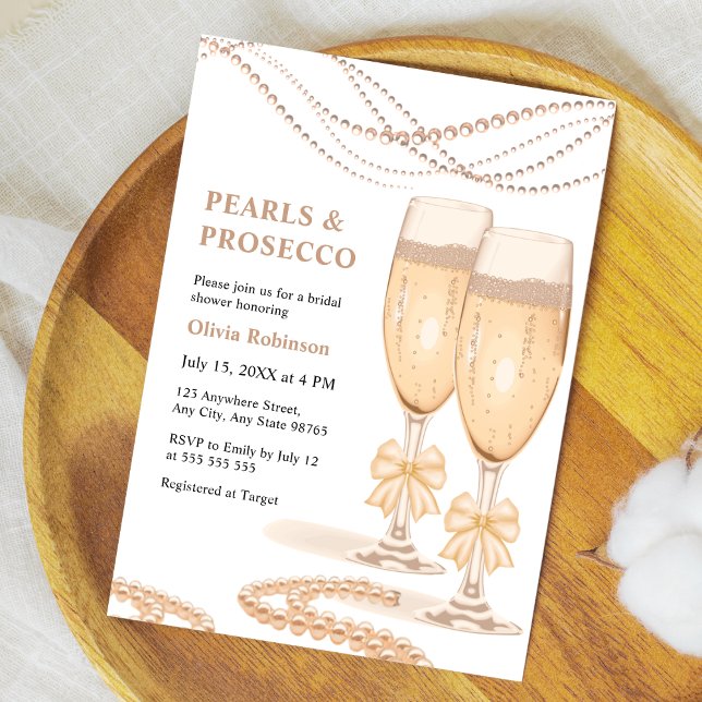 Convites Chá de Noiva Elegante com Arco de Ouro e Pérolas e (Elegant Gold Bow Pearls and Prosecco Bridal Shower Invitation )