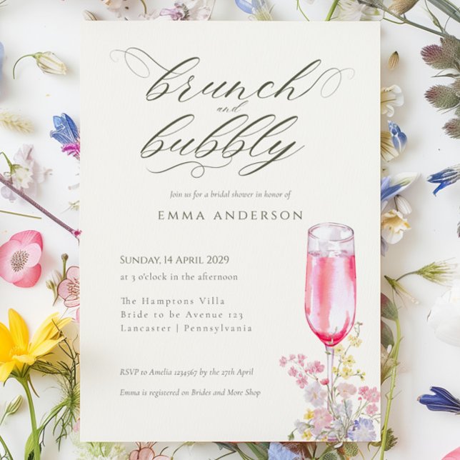 Convites Chá de Noiva Elegante com Caligrafia e Brunch (Elegant Calligraphy Brunch & Bubbly Bridal Shower Invitation)