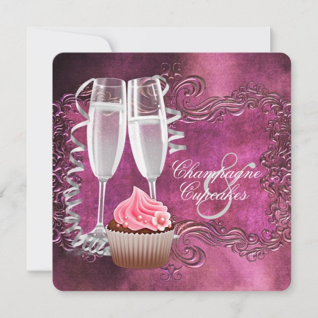 Convites Chá de Noiva Elegante com Champanhe e Cupcake (Frente)