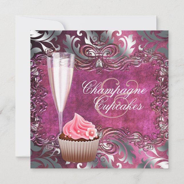 Convites Chá de Noiva Elegante com Champanhe e Cupcake (Frente)