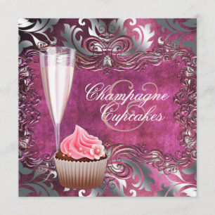 Convites Chá de Noiva Elegante com Champanhe e Cupcake