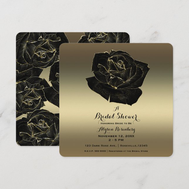 Convites Chá de Noiva Elegante Dourado e Rosa Preta (Frente/Verso)