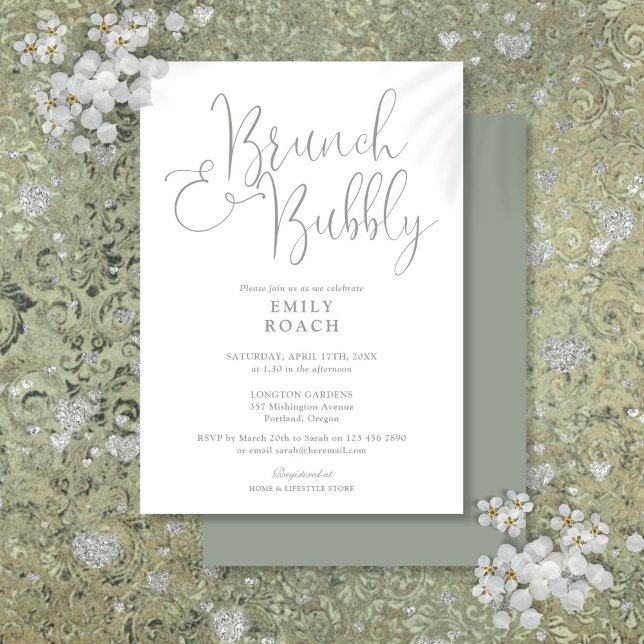 Convites Chá de Noiva Elegante em Verde Sage com Brunch e B (Elegant Sage Green Brunch And Bubbly Bridal Shower Invitation)