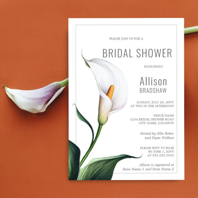 Convites Chá de Noiva Elegante Lírio-de-callis Marfim Branc (Elegant white calla lily bridal shower invitation front view.)