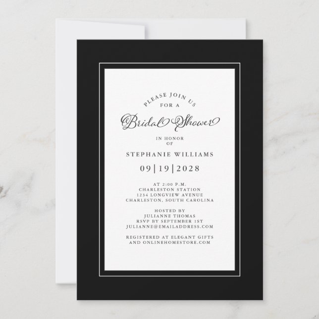 Convites Chá de Noiva Elegante Preto e Branco de Casamento (Frente)