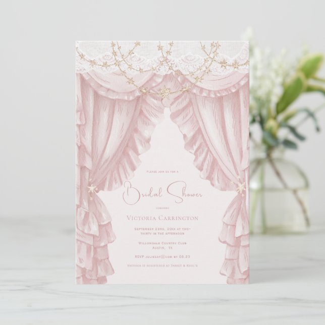 Convites Chá de Noiva Elegante Vintage Rosa Doce (Em pé/Frente)