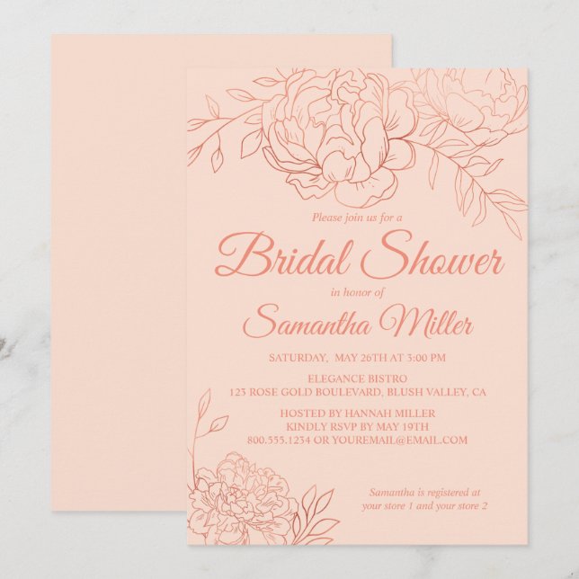 Convites Chá de Noiva em Rose Gold com Flores Desenhadas (Frente/Verso)