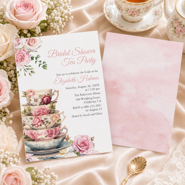 Convites Chá de Noiva em Xícara de Chá Rosa Florescer Festa (Blush Pink Roses Bridal Shower Tea Party Invitation)