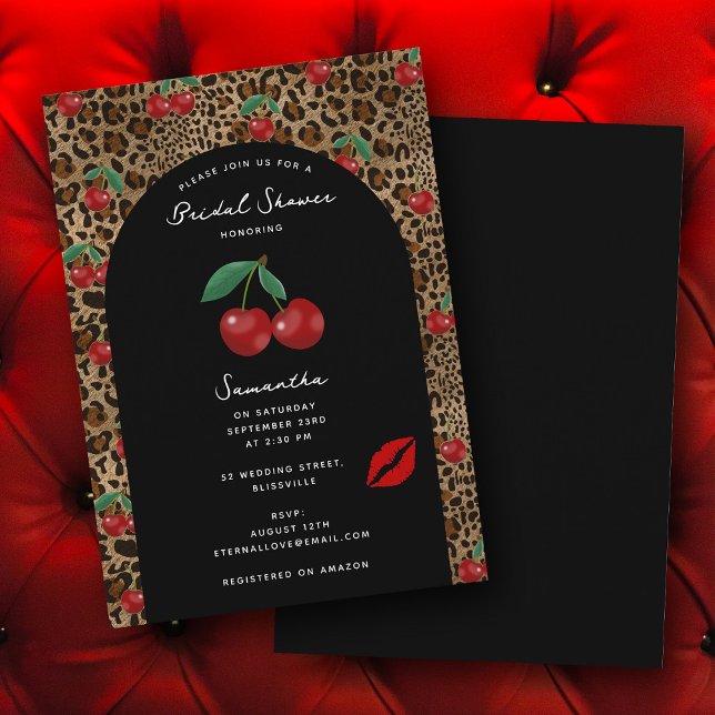 Convites Chá de Noiva Estampa Animal Guepardo Leopardo Cere (Leopard Cheetah Animal Print Cherry Bridal Shower Invitation)