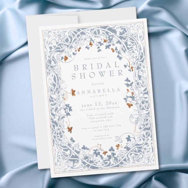 Convites Chá de Noiva Fantasia Medieval Azul Dourado (Medieval Fantasy Blue Gold Etching Bridal Shower Invitation)