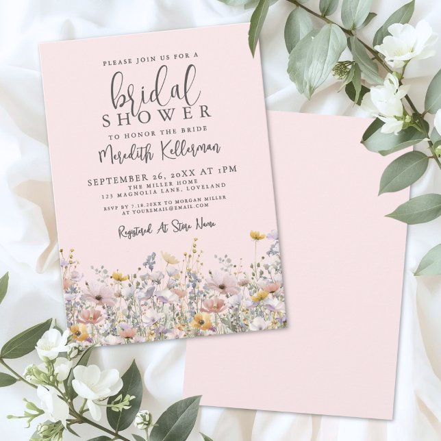 Convites Chá de Noiva Flor Silvestre Rosa Rubor (Blush Pink Wildflower Bridal Shower Invitation)