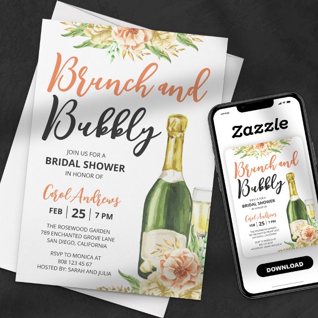 Convites Chá de Noiva Floral Aquarela Brunch & Bubbly (Criador carregado)