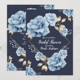 Convites Chá de Noiva Floral Azul e Dourado Botânico