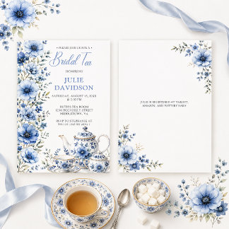 Convites Chá de Noiva Floral Azul Elegante |