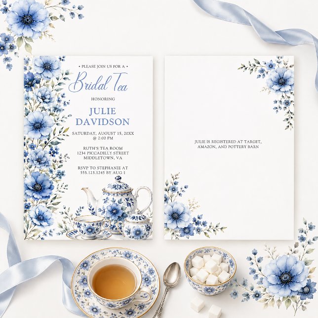 Convites Chá de Noiva Floral Azul Elegante | (Criador carregado)