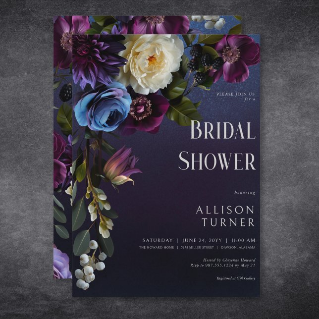 Convites Chá de Noiva Floral Azul Escuro e Roxo Sombrio (Dark Blue & Purple Floral Moody Bridal Shower Invitation)