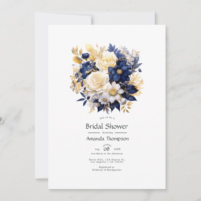 Convites Chá de Noiva Floral Azul Marinho, Branco e Dourado (Frente)