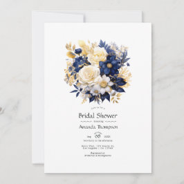 Convites Chá de Noiva Floral Azul Marinho, Branco e Dourado