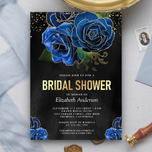 Convites Chá de Noiva Floral Azul Real Dourado Preto Rústic