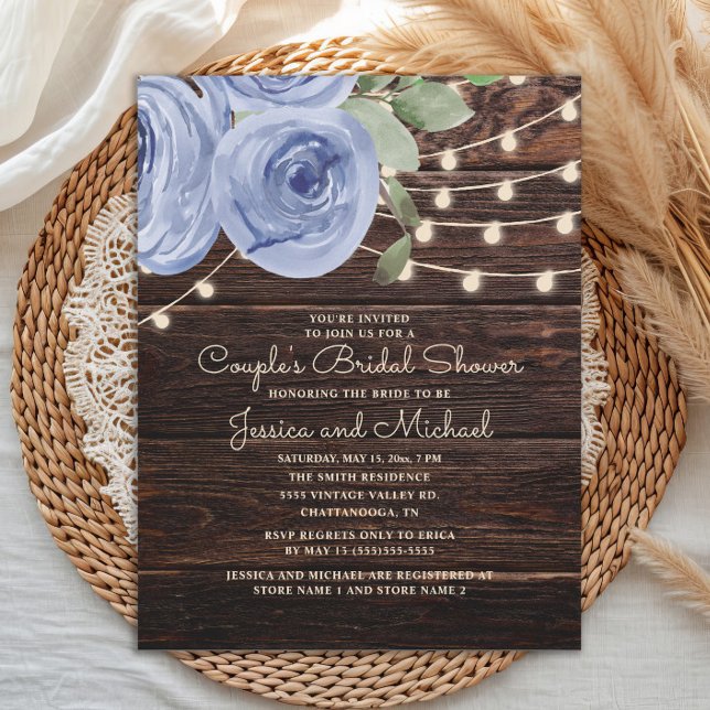 Convites Chá de Noiva Floral Azul Rústico para Casais (Rustic wood and dusty blue watercolor floral couple's bridal shower invitation)