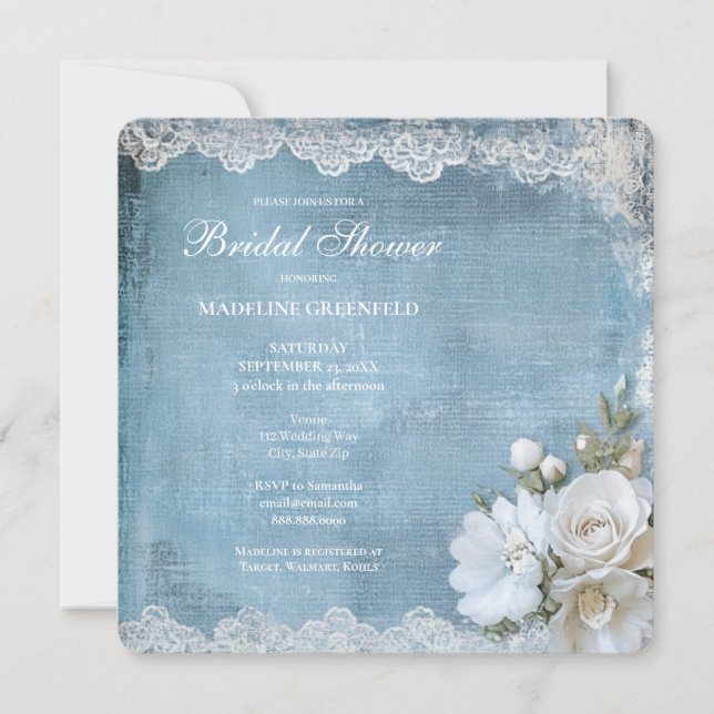 Convites Chá de Noiva Floral Azul Shabby Chic (Frente)
