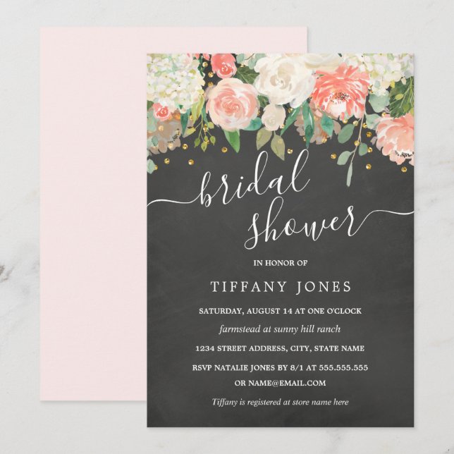 Convites Chá de Noiva Floral Blush Confetti Quadro Negro (Frente/Verso)