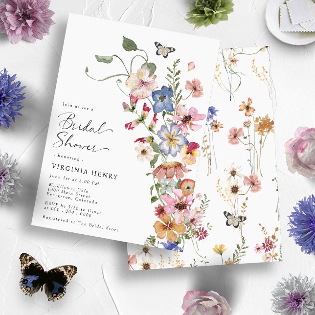 Convites Chá de Noiva Floral Boêmio Elegante (Colorful Butterful Wildflower Boho Floral Elegant Bridal Shower Invitation
)