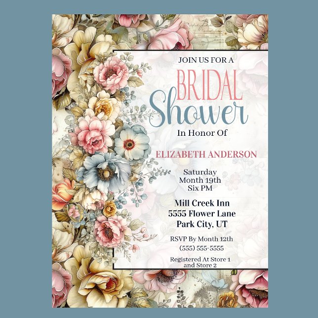 Convites Chá de Noiva Floral Bonito em Colagem (Vintage floral bridal shower invitation with watercolor flowers and romantic botanical design
)