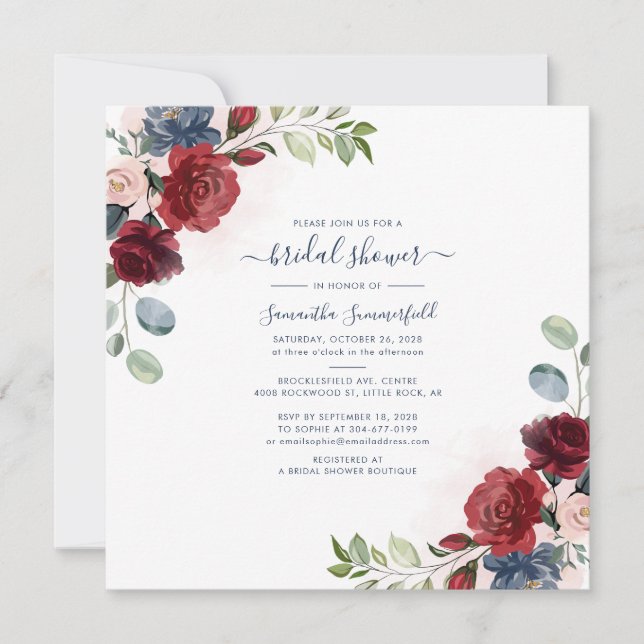 Convites Chá de Noiva Floral Borgonha Eucalipto Script (Frente)