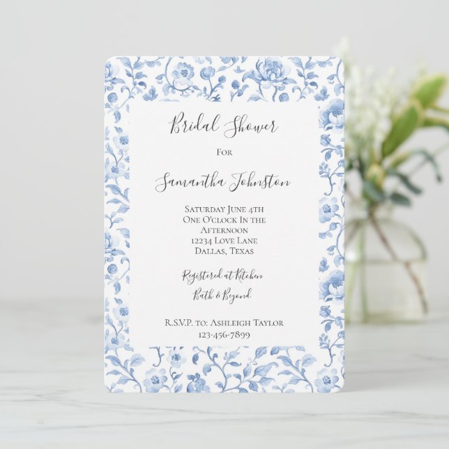 Convites Chá de Noiva Floral Branco Azul Romântico (Em pé/Frente)