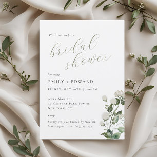 Convites Chá de Noiva Floral Branco e Verde Oliva Elegante