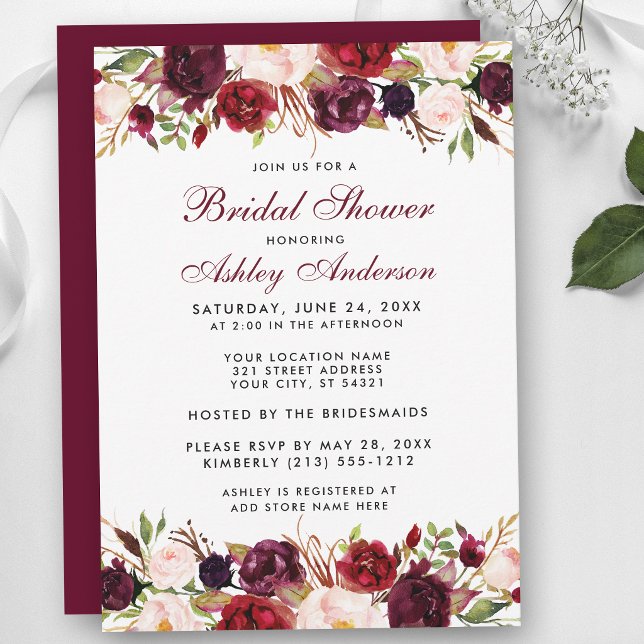 Convites Chá de Noiva Floral Burgundy Aquarela Elegante (Customize to change text size, style or color of back of card.)
