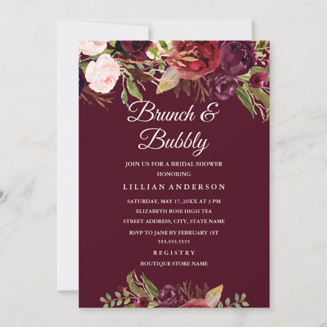 Convites Chá de Noiva Floral Burgundy com Brunch e Espumant (Frente)